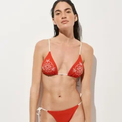 Perfect embroidered contast-trim string bikini top