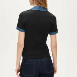 Perfect rib johnny-collar top with denim trim