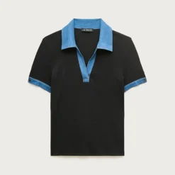 Perfect rib johnny-collar top with denim trim