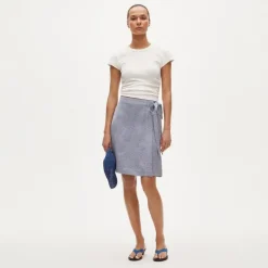 Petite knee-length wrap skirt in gingham linen blend
