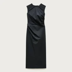 Petite ruched midi dress in stretch cotton-blend poplin