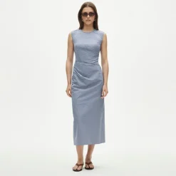 Petite ruched midi dress in stretch cotton-blend poplin