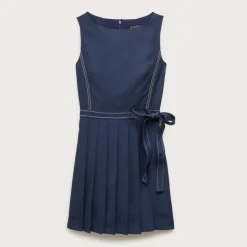 Pleated contrast-stitch side-tie mini dress in linen blend