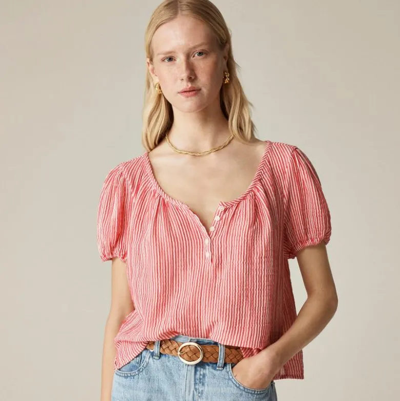 Puff-sleeve henley in striped gauze