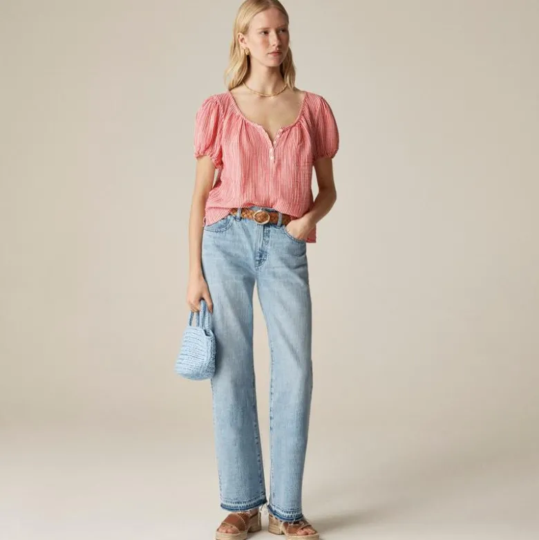 Puff-sleeve henley in striped gauze