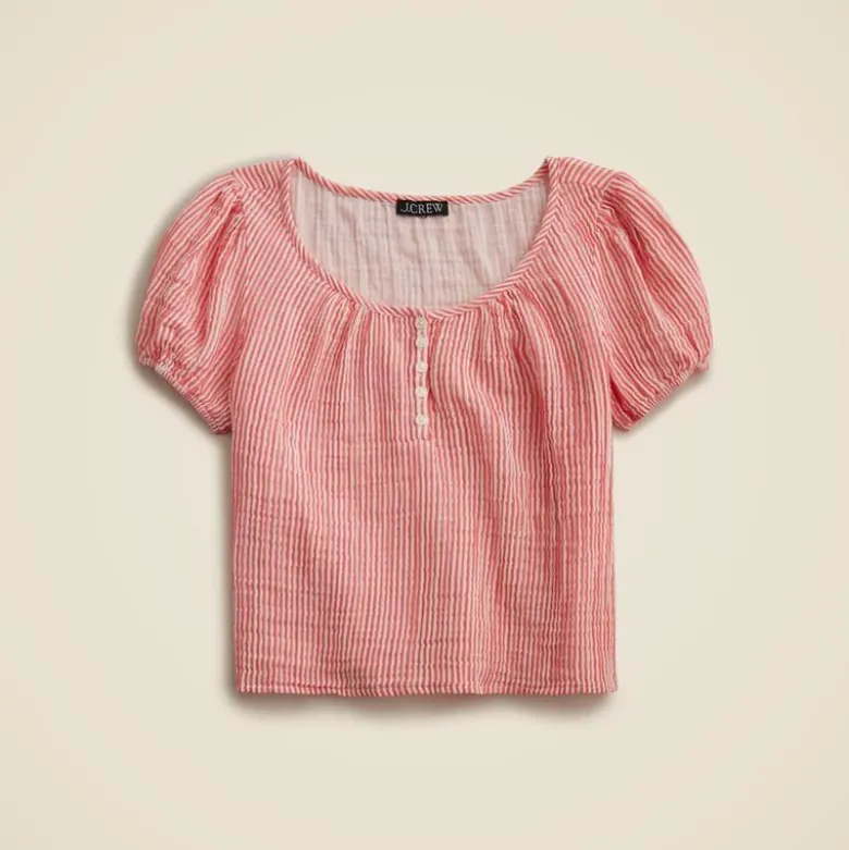 Puff-sleeve henley in striped gauze