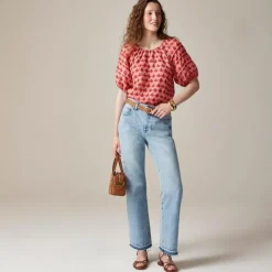 Puff-sleeve top in block-print ramie