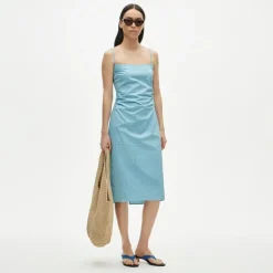 Ruched sheath dress in gingham stretch poplin