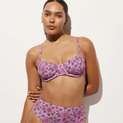 Ruched underwire bikini top in iris floral