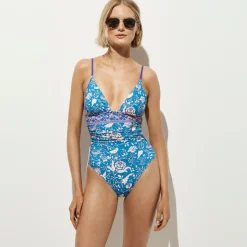 Ruched V-neck one-piece in floral print