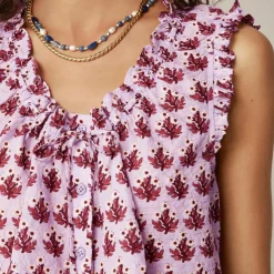 Ruffle-trim button-up top in block print