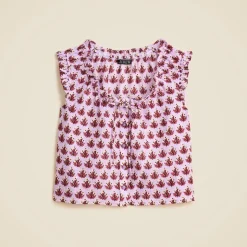 Ruffle-trim button-up top in block print