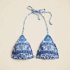 Ruffle-trim string bikini top in banana block print