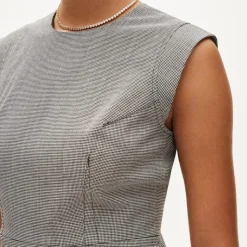 Seamed suit dress in houndstooth wool blend