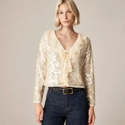 Sequin ruffle-trim shirt with ties