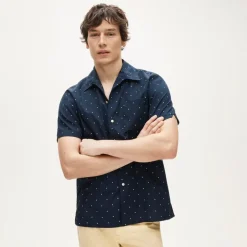 Short-sleeve cotton poplin camp-collar shirt