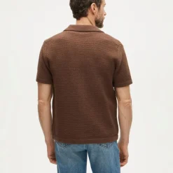 Short-sleeve cotton waffle-knit polo cardigan sweater