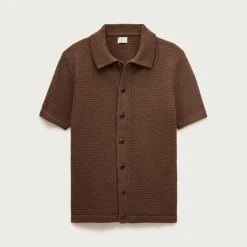 Short-sleeve cotton waffle-knit polo cardigan sweater