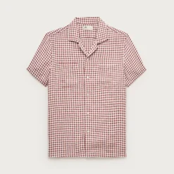 Short-sleeve linen camp-collar shirt in gingham