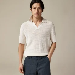 Short-sleeve linen-cotton blend johnny-collar sweater-polo