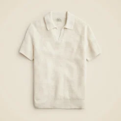 Short-sleeve linen-cotton blend johnny-collar sweater-polo