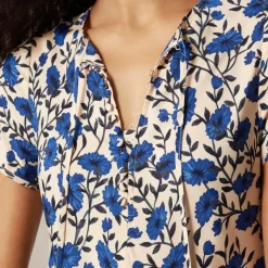 Short-sleeve slip dress in indigo daisy print