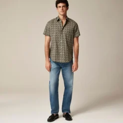 Short-sleeve slub cotton-linen blend camp-collar shirt in print