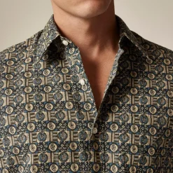 Short-sleeve slub cotton-linen blend camp-collar shirt in print