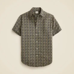 Short-sleeve slub cotton-linen blend camp-collar shirt in print