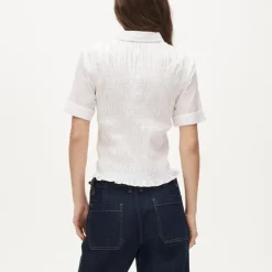 Smocked button-up short-sleeve shirt
