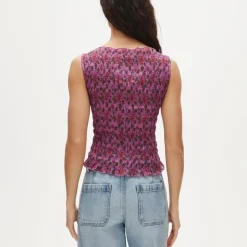Smocked shell tank top in floral-print ramie