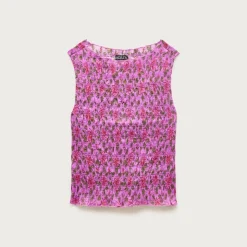 Smocked shell tank top in floral-print ramie