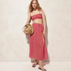 Smocked tie-shoulder top in striped cotton voile