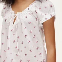 Tie-front mini nightgown in floral-print linen-cotton blend
