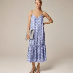 Tiered tie-waist dress in dusty periwinkle block print