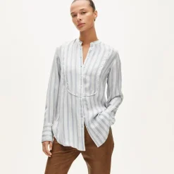 Tuxedo-bib button-up shirt in striped cotton poplin