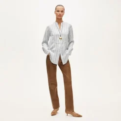 Tuxedo-bib button-up shirt in striped cotton poplin