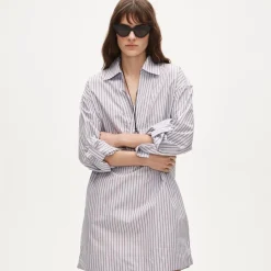 V-neck popover dress in striped cotton poplin