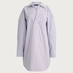 V-neck popover dress in striped cotton poplin