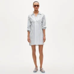 V-neck popover dress in striped cotton poplin