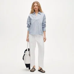 V-neck popover shirt in striped cotton poplin