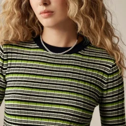 Wide-rib Carolyn crewneck sweater in striped merino wool