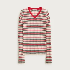 Wide-rib high V-neck sweater in striped merino wool