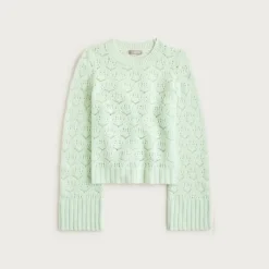 Wide-sleeve pointelle crewneck sweater in merino wool